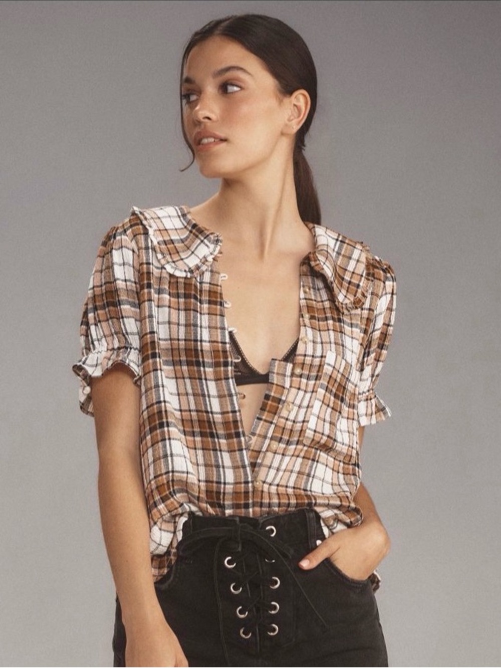 Anthropologie Pilrco Keira Brown Plaid Button Up Blouse